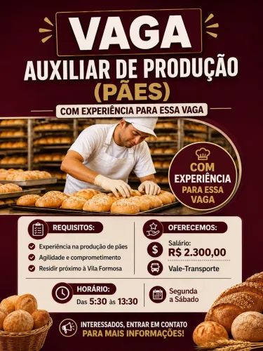 Auxiliar de produções (PADARIA)