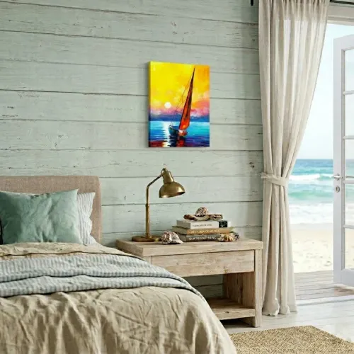 Quadro Pintura em Tela Original - Veleiro ao Pôr do Sol 