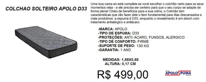 colchao solteiro apolo d33-compre hoje e receba em ate 72 horas