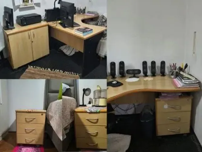 Conjunto de Escritório 100% MDF com Mesa em L + Armário com Rodinhas + 2 Gaveteiros
