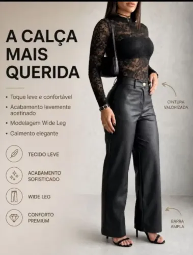 Calça couro fake, cintura alta, wide leg nova