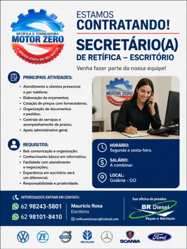 VAGA SECRETÁRIA/O DE RETIFICA/OFICINA MECÂNICA