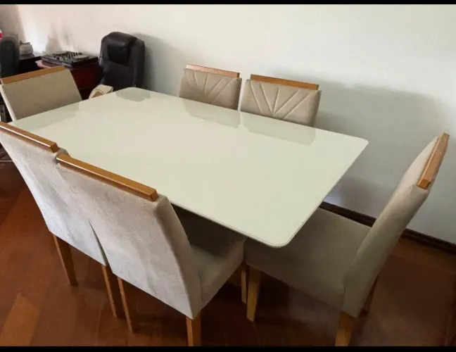 Conjunto Sala de Jantar Mesa Ana 1,60m Tampo com Vidro e 6 Cadeiras Amanda - New Ceval
