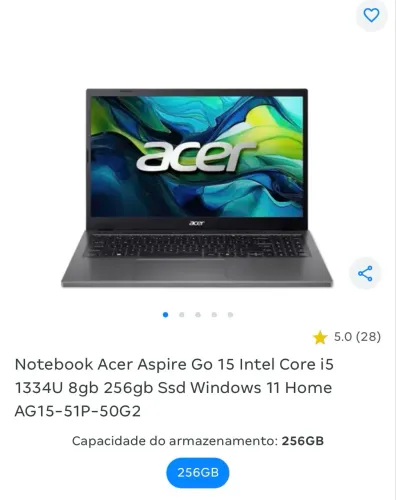 URGÊNCIA! Notebook Acer Go 15 256gb 8gb