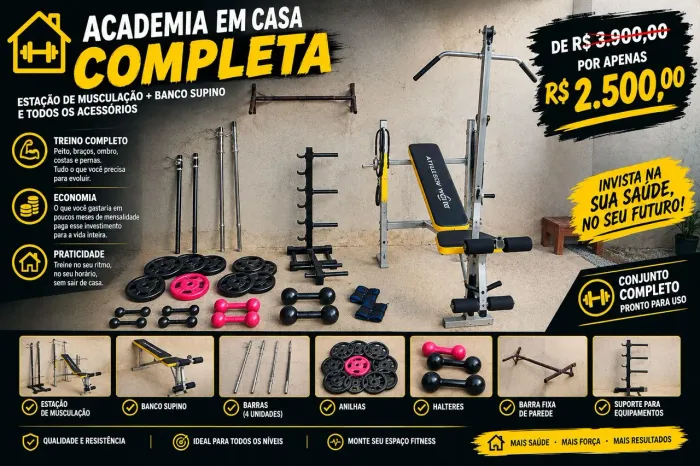 Academia Completa na sua casa: Estação, banco supino, Barra, Anilhas, halteres, suporte