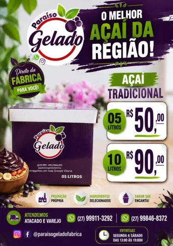 Açaí 5 e 10 litros prontos para consumo 