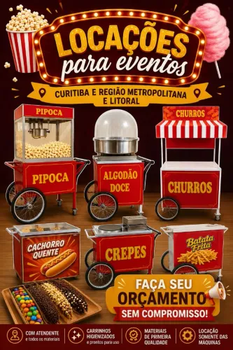 Pipoca churros algodão doce cachorro quente crepes e muito mais para sua festa