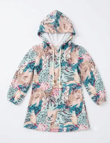 Vestido Infantil Bika com Capuz | Estampado Animais | Tamanhos 1, 2, 3 e 4 | Novo