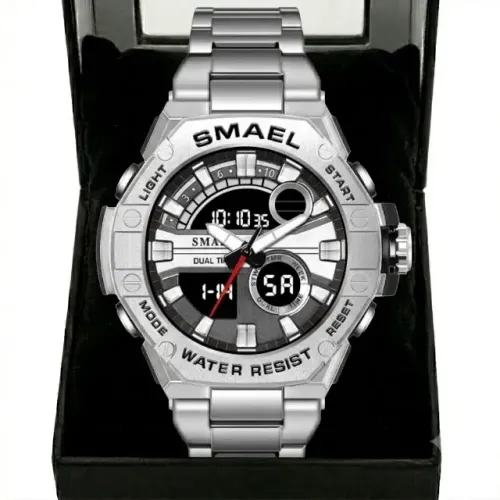 Relógio Smael 8090 Masculino 50 Metros Duplo Movimento Pulseira Aço Multifuncional