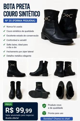 ? Bota Preta Feminina Nº 35 (Forma Pequena), Nunca Usada, R$ 99,99