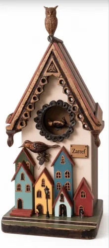 Casinha de Passarinho Artesanal Zarref - Peça Única com Coruja e Vilarejo - Jundiaí