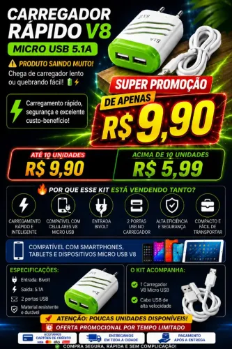 CARREGADOR RÁPIDO V8 MICRO USB 5.1A