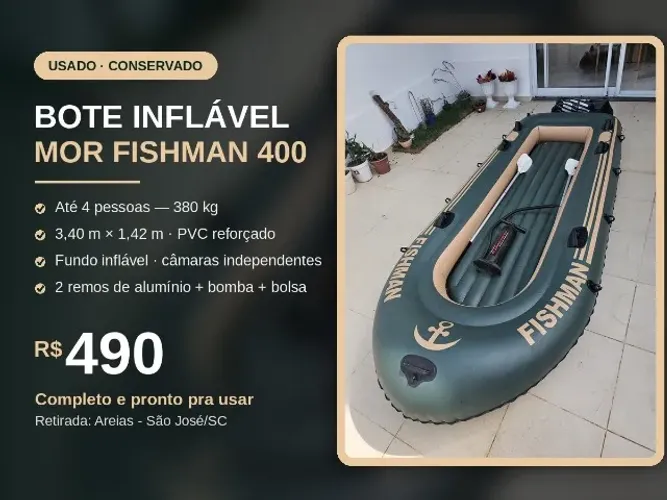 Bote Inflável Mor Fishman 400 - 4 Pessoas 380kg + 2 Remos e Bomba - Conservado