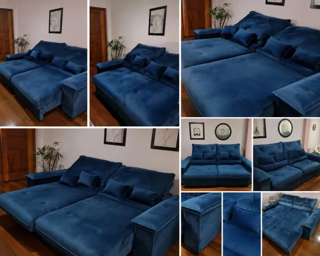 Sofá Retrátil Reclinável Azul-marinho, com 2,50m de comprimento