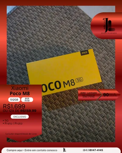 POCO M8, 5G, 512GB, 8GB RAM, LACRADO(CABO E FONTE), LANÇAMENTO!