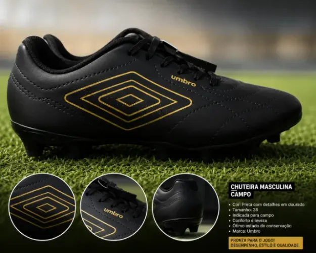 Chuteira Umbro Preta com Dourado Tam. 38 - Ótimo Custo-Benefício
