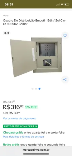 Quadro de Distribuição 16/12 Disjuntores com Barramento 