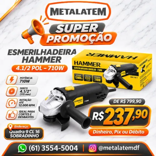 ESMERILHADEIRA ANGULAR HAMMER 4.1/2 POL 710W - EM-710-1