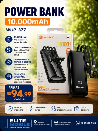 Power Bank 10.000mAh Peining WUP-377 com Cabos Integrados | Carregamento Rápido