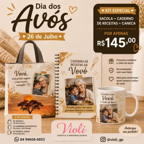 Kit Presente Personalizado "Dia dos Avós": Sacola, Caneca e Caderno de Receitas 