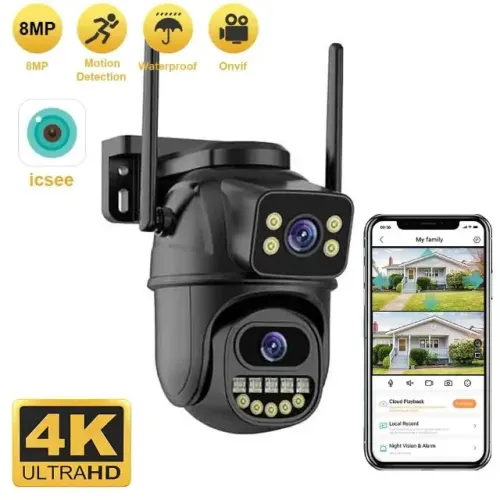 Câmera IP PTZ de Segurança Dupla, 4k, 4X, ONVIF, 8MP, WiFi, icsee