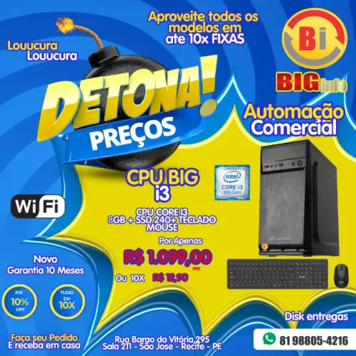 Computador Cpu I3 8°geração + 8gb Ddr4 / 240GB Ssd / Wifi / NFe / Novo