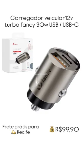 Carregador Veicular Turbo Fancy 30W USB/USB-C