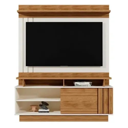 Rack Home Goiás Off/Amêndoa C/ Detalhe Ripado Mobler - Entrega Rápida!