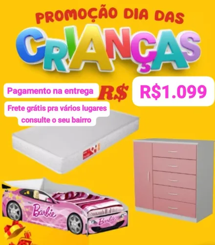 Kit Quarto de Menina - Cama Carro Barbie + Colchão + Cômoda 