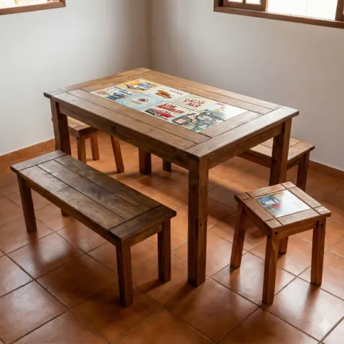 Mesa 120cm Madeira 2 Bancos 2 Banquetas Conjunto Rústico