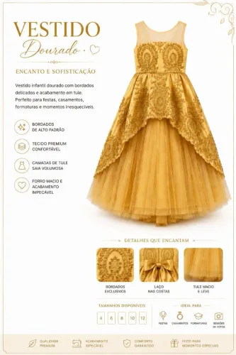 Vestido Infantil Dourado de Festa