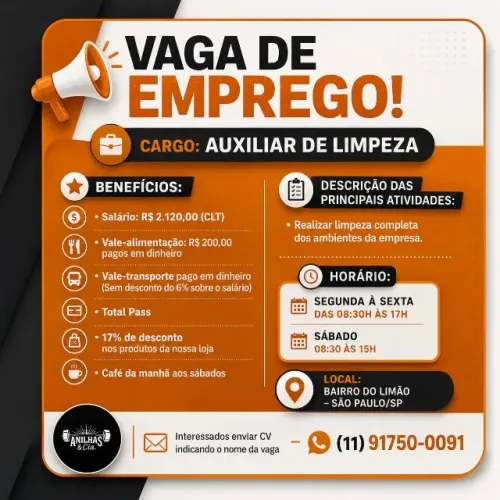 Oportunidade de emprego - AUXILIAR DE LIMPEZA