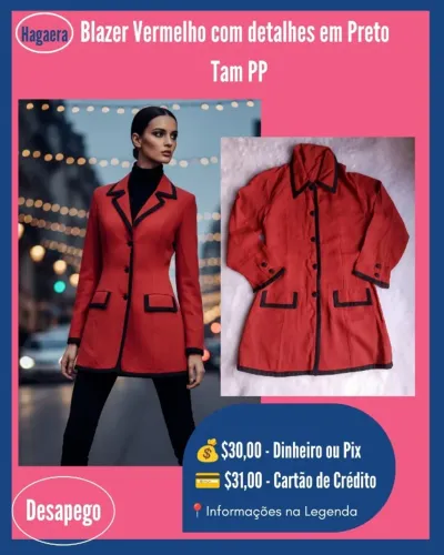 Desapego: Blazer Vermelho com detalhes em preto - Tam PP