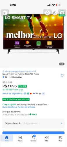 Tv 43 LG smart mole novo top 