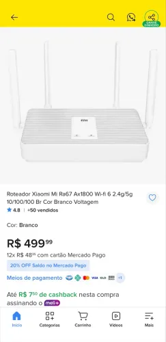 Roteador Xiaomi Wi-Fi 6 Ax1800 Ra67