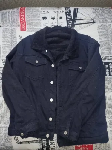 Jaqueta Jeans de Inverno Gola de Lã Preta Unissex Tam. M