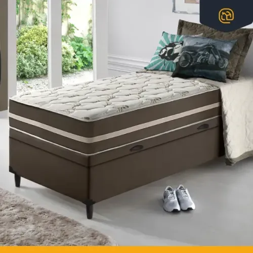 Cama Solteiro Box Completa com Colchão Marrom - Promoção