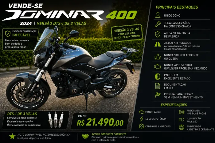 Bajaj Dominar 400 2024 - Versão DTS-i de 3 Velas - Único Dono - R$ 21.490,00