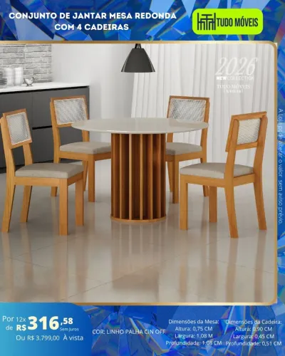 Conjunto de jantar mesa redonda com 4 cadeiras