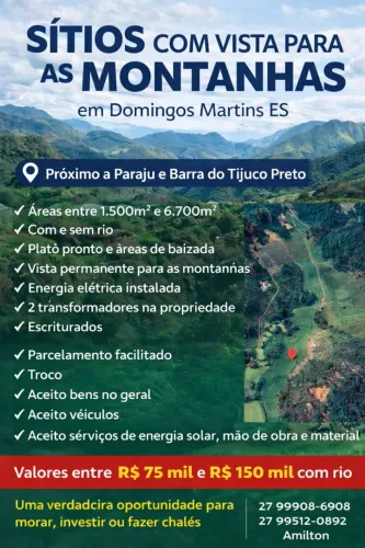 Sitão 6 áreas disponíveis:<br>- De 1.500 m² a 6.700 m²<br>- Valores entre R$ 75 mil e R$ 150 mil