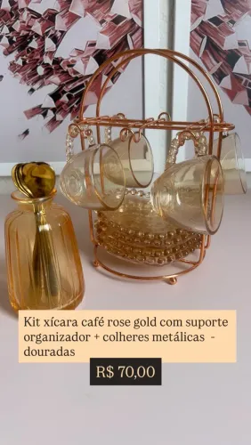 Kit café xícara rose vidro com suporte e colheres douradas