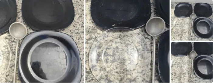 Kit cozinha com: 4 pratos de vidro e uma conchinha Tenha em sua cozinha um kit completo! E