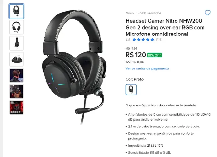 Headset Gamer Nitro NHW200 Gen 2 desing over-ear RGB com Microfone omnidirecional