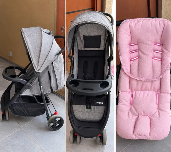 Carrinho de bebe e cama e cadeira de alimentação