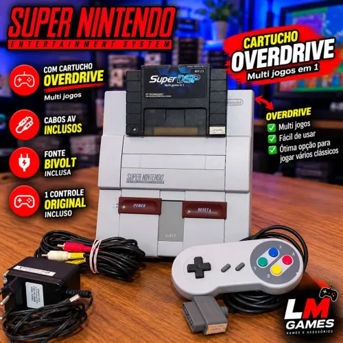 Super Nintendo SNES com Cartucho SuperDSP Overdrive + Controle e Fonte