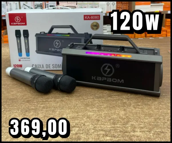 Caixa de som portátil com microfone duplo KAP BOM 120W