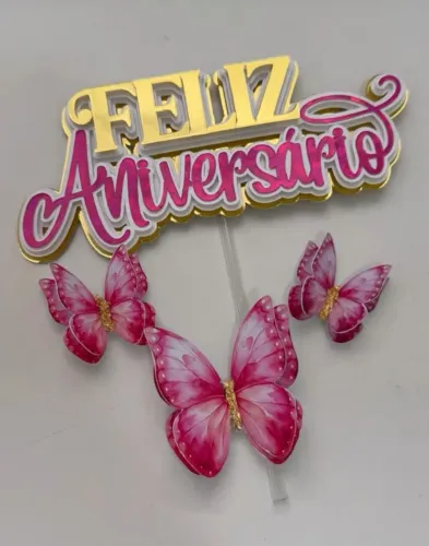 Topo de Bolo Feliz Aniversário com Borboletas | Decoração de Bolo