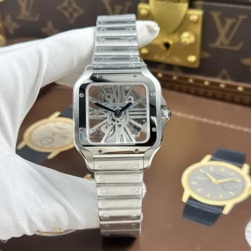 Relógio Cartier Santos com mostrador esqueletizado e pulseira de metal de 39,8 mm