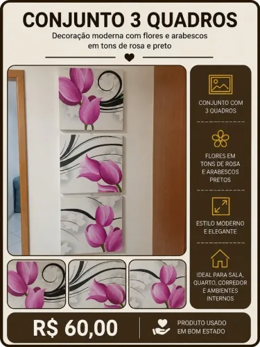 Conjunto com 3 Quadros Decorativos Modernos - Flores Rosa ?