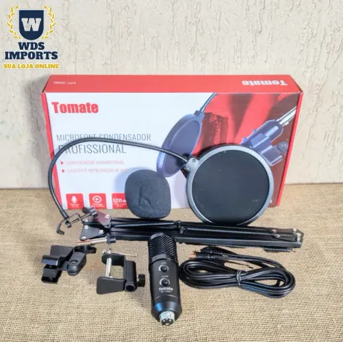 Microfone Condensador Bm900 + Sup. Articulado + Pop Filter + Adaptador - Tomate - Mt-3501